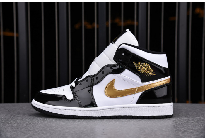 Air Jordan 1 Mid Patent Black White Gold 852542-007